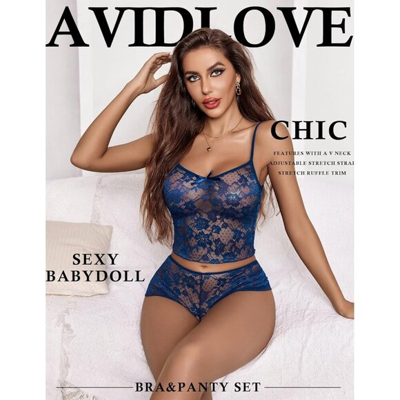 🆕Women Blue Lace Bra and Panty Set V Neck Baby doll 2 Piece Mesh Bralette Set - Picture 2 of 6